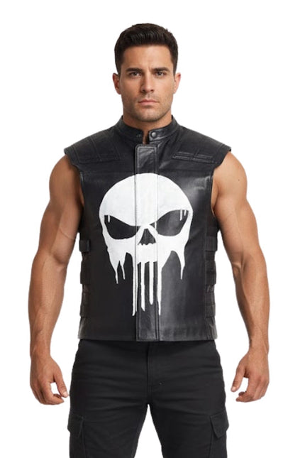 Man wearing a black sleeveless jacket with a white skull design on a white background