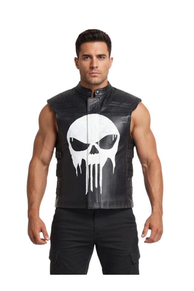 Man wearing a black sleeveless jacket with a white skull design on a white background