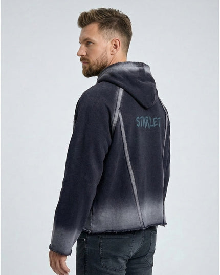 Man wearing a gray hoodie with 'STARLET' branding on a white background