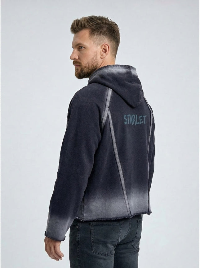 Man wearing a gray hoodie with 'STARLET' branding on a white background