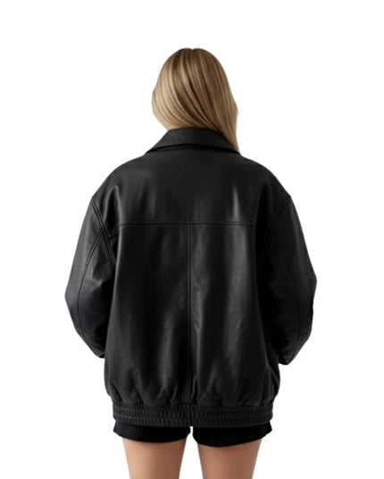Women Black Classic Pure Leather Bomber Jacket